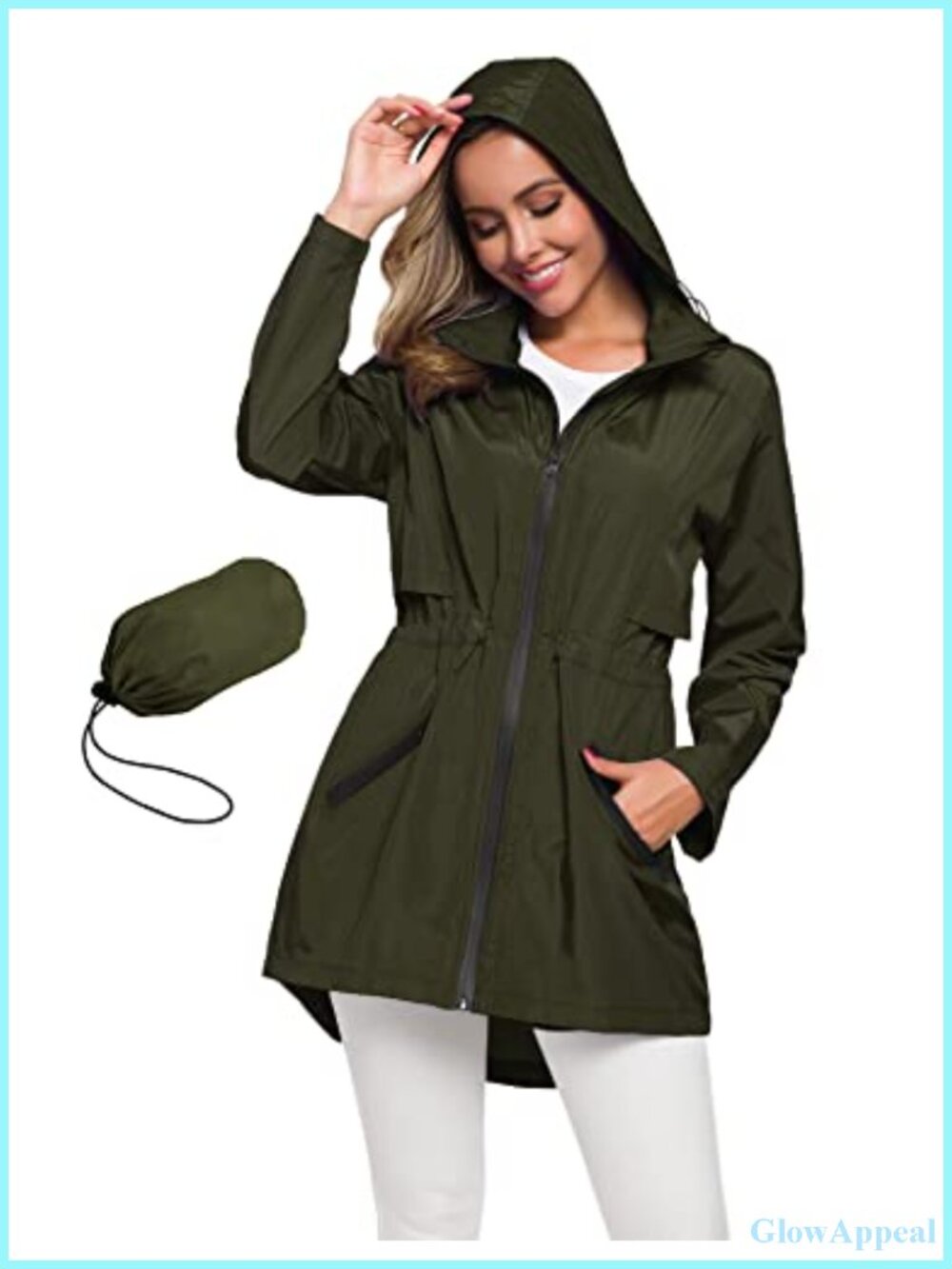 Lightweight Waterproof Raincoat with Hood and Drawstring Waist Long Sleeve